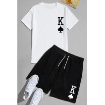 White Letter Print Short Sleeve Tee and Elastic Waist Shorts Men's Set White Letter Print Short Sleeve Tee and Elastic Waist Shorts Men's Set